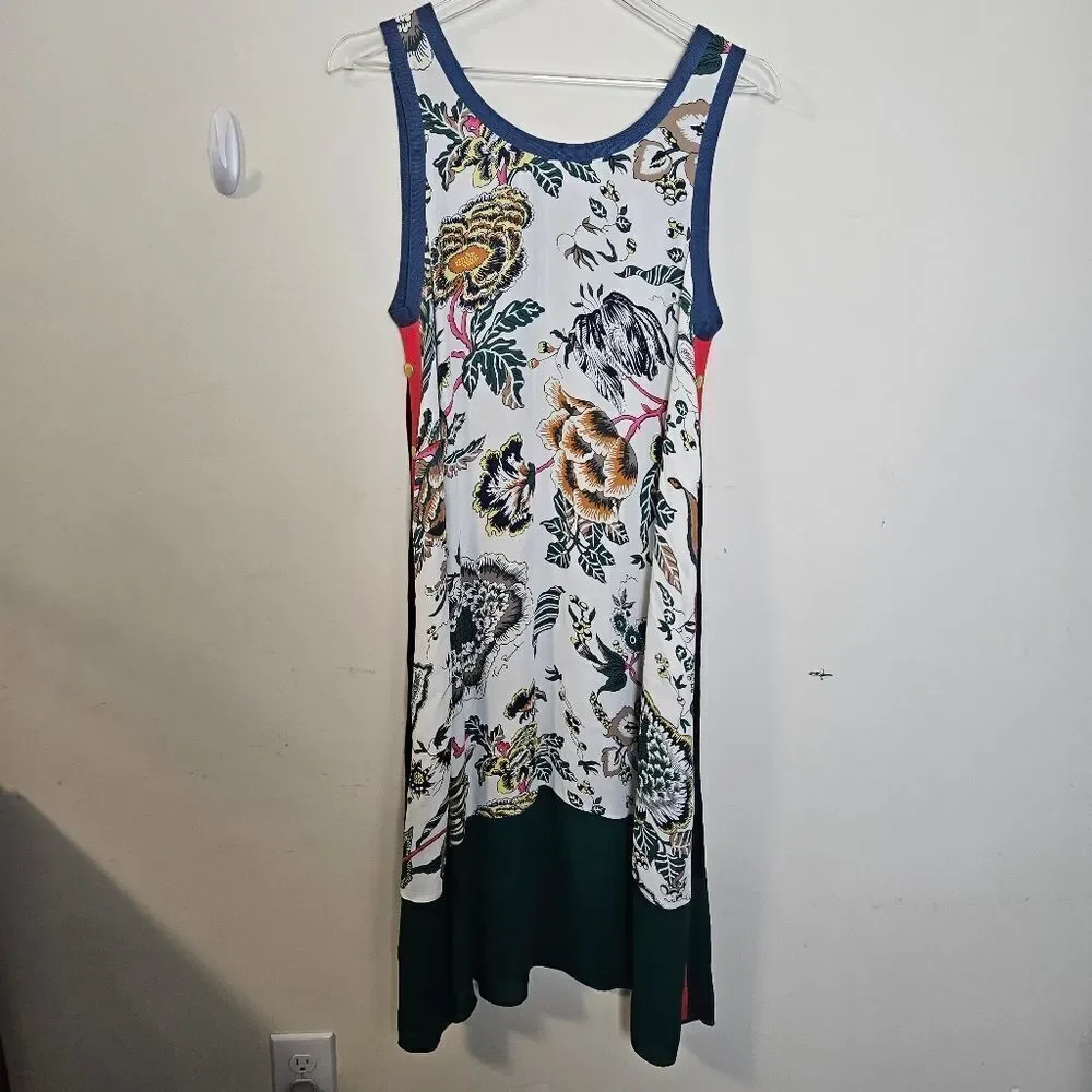 Tory Burch Rosie Floral-Print Color-Block Sleeveless Dress Ivory Medium